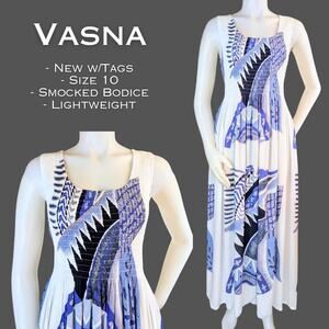 Vasna Midi Sundress Large Blue White Smocked Tropical Flowy Beachy Resort NEW